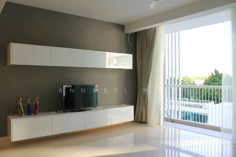 Living features: white wall-mounted TV console, black flat-screen TV, cream floor tiles, floor-to-ceiling windows, sheer curtains, sliding glass door, light grey accent wall, decorative figurines on console; style: modern; view: garden.