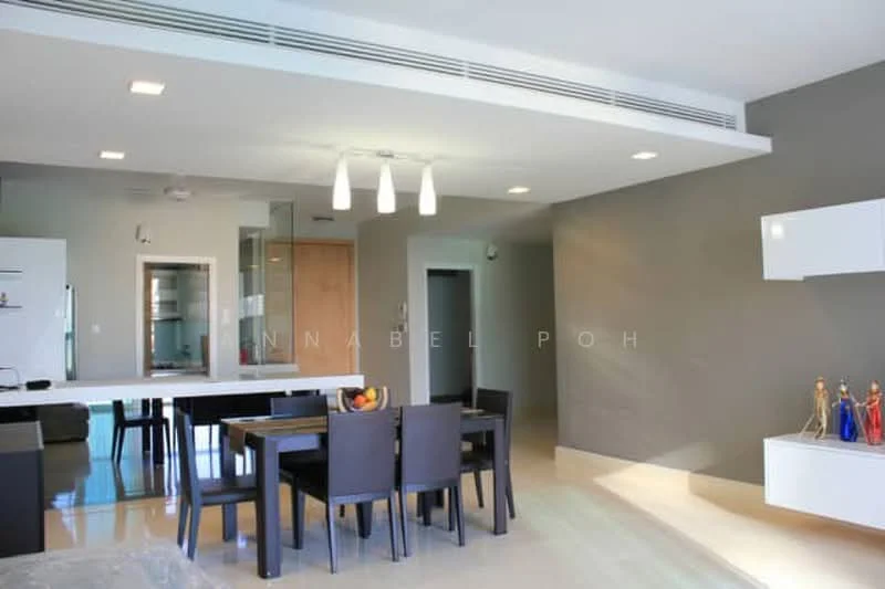 Dining features: dining table with 6 black chairs, pendant lighting with 3 bulbs, cream tiled flooring, grey accent wall, white wall-mounted storage unit, open layout to kitchen, floor-to-ceiling windows, air conditioning vent; style: modern. Living features: sofa area with decorative items, wall-mounted TV, light-colored walls, recessed ceiling lights; style: modern.