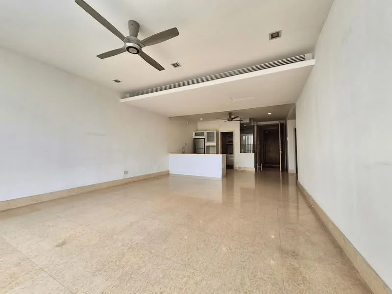 Living features: cream marble flooring, white painted walls, 5-blade ceiling fan, recessed downlights, open-plan layout, kitchen island, large windows, no visible furniture; style: modern.