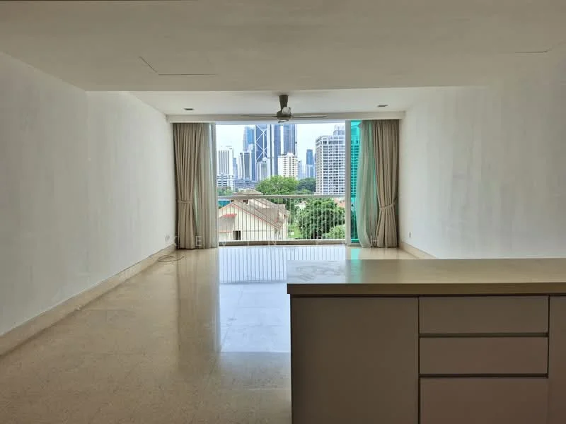 Living features: white painted walls, marble flooring, floor-to-ceiling windows, sliding glass door, curtains, ceiling fan, open layout, view of city skyline; style: modern; view: city.