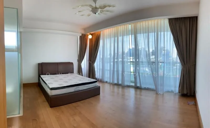 Bedroom features: queen-size bed, wooden flooring, floor-to-ceiling windows, sheer curtains, dark brown upholstered headboard, ceiling fan, recessed downlights, balcony view, light brown wall, curtains in grey, decorative wall paneling; style: modern; view: city.