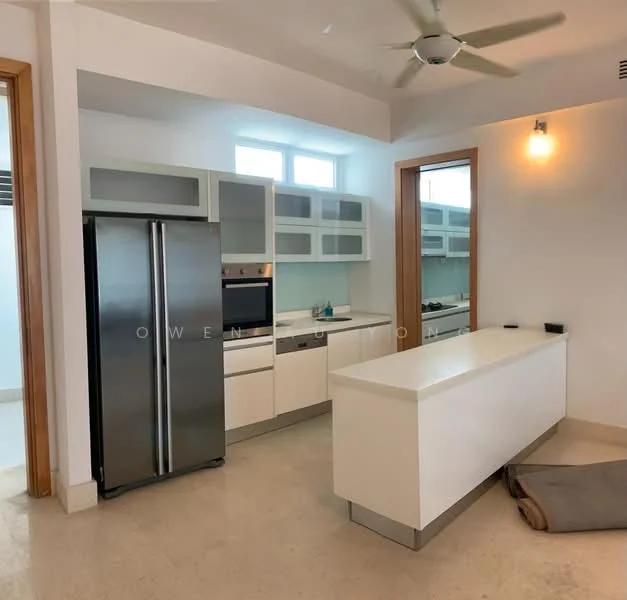 Kitchen features: stainless-steel fridge, built-in oven, ceramic cooktop, white cabinetry, white countertop, single-bowl stainless-steel sink, chrome pull-down faucet, pendant light, ceiling fan, tile flooring, window with natural light, open layout, island with seating; style: modern.