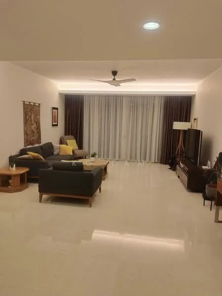 Living features: 3-seater fabric sofa in grey, 2-seater fabric sofa in dark grey, yellow throw pillows, wooden coffee table, TV console, wall-mounted TV, floor-to-ceiling windows, sheer curtains, dark brown curtains, recessed LED downlights, ceiling fan, polished marble flooring, decorative wall art; style: modern.