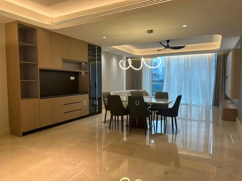 Dining features: marble flooring, wood cabinetry, black glass panel, 6-seater dining table, upholstered dining chairs, chandelier lighting, 5-blade ceiling fan, floor-to-ceiling windows with sheer curtains; style: modern; view: city.