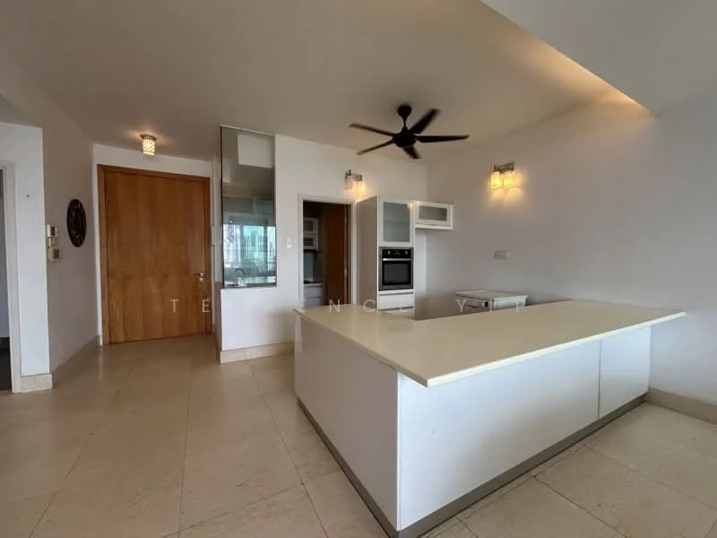 Kitchen features: white countertop, built-in oven, stainless-steel range hood, single-bowl stainless-steel sink, chrome pull-down faucet, 3-blade ceiling fan, wall-mounted cabinets, tile flooring, recessed downlights, open layout, sliding glass door, window with city view; style: modern; view: city.