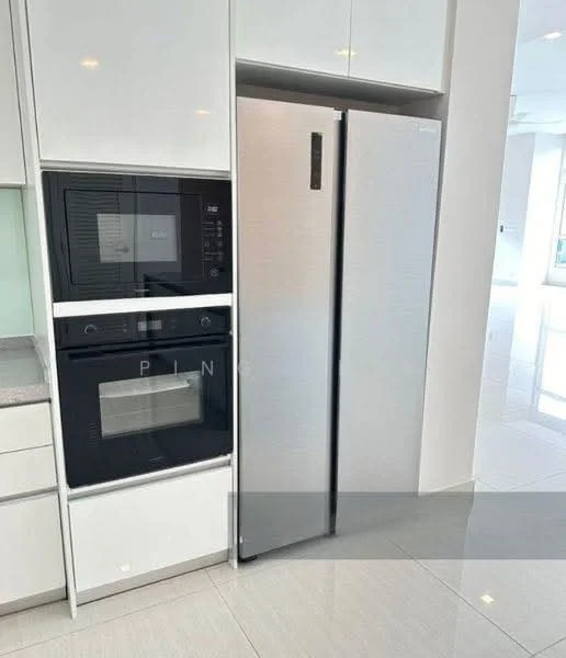Kitchen features: stainless-steel side-by-side fridge, built-in oven, built-in microwave, white cabinetry, granite countertop, smooth tile flooring, modern handles, integrated lighting; style: modern.