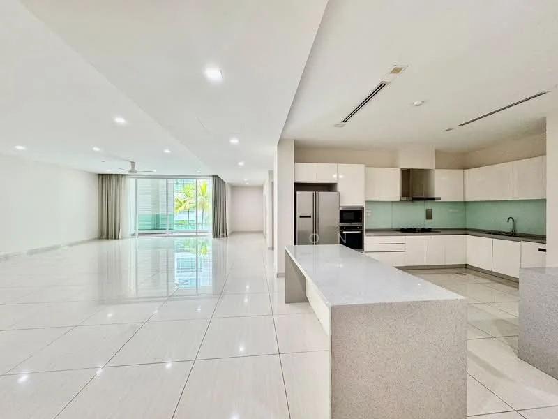 Living features: large open space, white painted walls, glossy tile flooring, recessed downlights, floor-to-ceiling windows, sliding glass door, sheer curtains, view of outdoor area, central air conditioning, open layout to kitchen, area rug, ceiling fan; style: modern; view: garden. Kitchen features: white cabinetry, grey quartz countertop, stainless-steel refrigerator, built-in oven, 4-burner gas hob, single-bowl stainless-steel sink, chrome pull-down faucet, glass backsplash, kitchen island with seating; style: modern.
