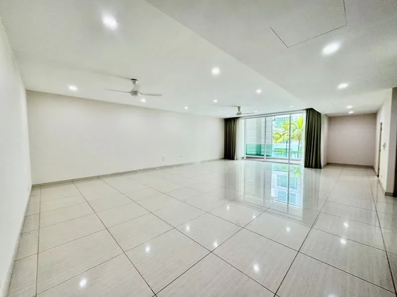 Living features: large open space, white painted walls, polished ceramic tile flooring, recessed LED downlights, 2 ceiling fans, floor-to-ceiling windows, sliding glass door, curtains, balcony access, neutral color scheme; style: modern; view: garden.