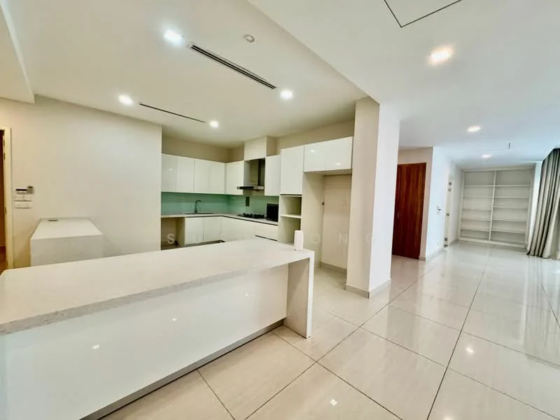 Kitchen features: white shaker cabinets, granite countertop, built-in oven, 4-burner gas hob, stainless-steel sink, chrome pull-down faucet, tile flooring, recessed downlights, open shelving, island with seating, green backsplash, floor-to-ceiling windows, neutral wall color; style: modern. Living features: tile flooring, neutral wall color, large windows, curtains, open layout, recessed lighting; style: modern.