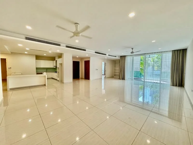 Living features: large floor-to-ceiling windows, sliding glass door, white painted walls, cream tiled flooring, 5-blade ceiling fan, recessed downlights, open layout, greenery view, curtains, kitchen island, built-in cabinetry; style: modern; view: garden.