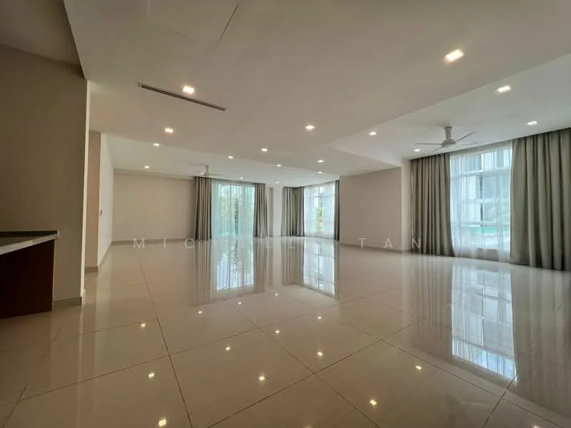 Living features: polished marble flooring, white painted walls, recessed downlights, 5-blade ceiling fan with light, floor-to-ceiling windows, sheer curtains, sliding glass door, open layout, natural light, neutral color palette; style: modern; view: garden.