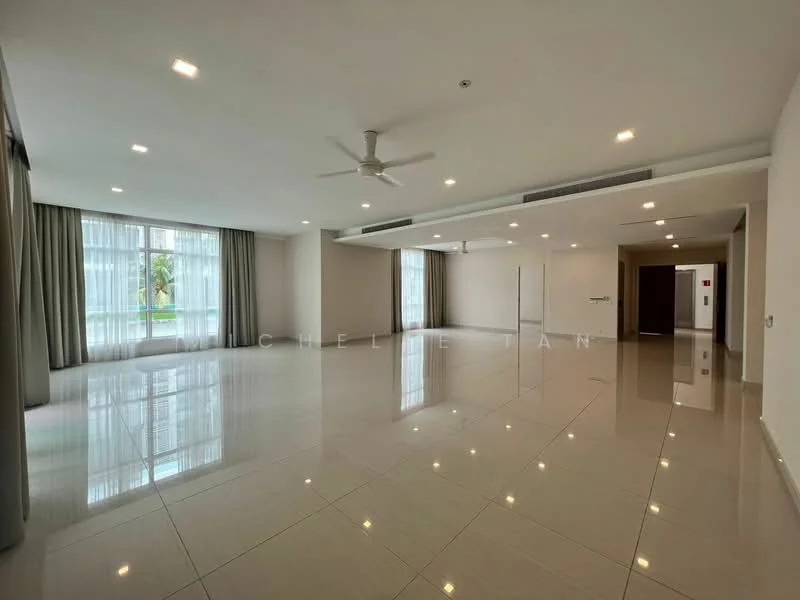 Living features: large floor-to-ceiling windows, white painted walls, recessed downlights, 5-blade ceiling fan, polished tile flooring, curtains, open layout, neutral color scheme; style: modern; view: garden.