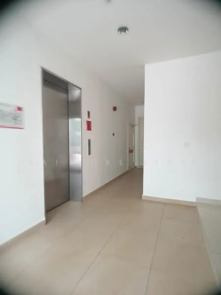 Room features: white painted walls, tile flooring, elevator access, fire alarm system, light fixtures, doorway leading to another room, emergency exit signage, red wall-mounted fire extinguisher; style: modern.