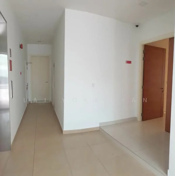 Room features: white painted walls, cream tiled flooring, door with wood finish, light switch, elevator access, wall-mounted security camera, corner step, door frame, baseboards; style: modern.