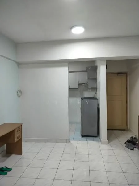 Living features: white painted walls, tile flooring, recessed ceiling light, wooden desk, fridge, door to kitchen, open layout, sliding door, sneakers on floor. Kitchen features: white cabinetry, tile flooring, stainless-steel fridge, kitchen countertop, wall-mounted cabinets.