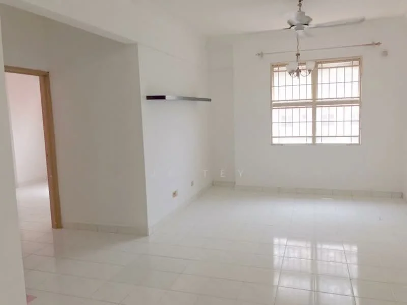Living features: white painted walls, glossy white tile flooring, 5-blade ceiling fan, large windows with grid pattern, wall-mounted shelf, natural light from windows, neutral color scheme, open layout; style: modern.