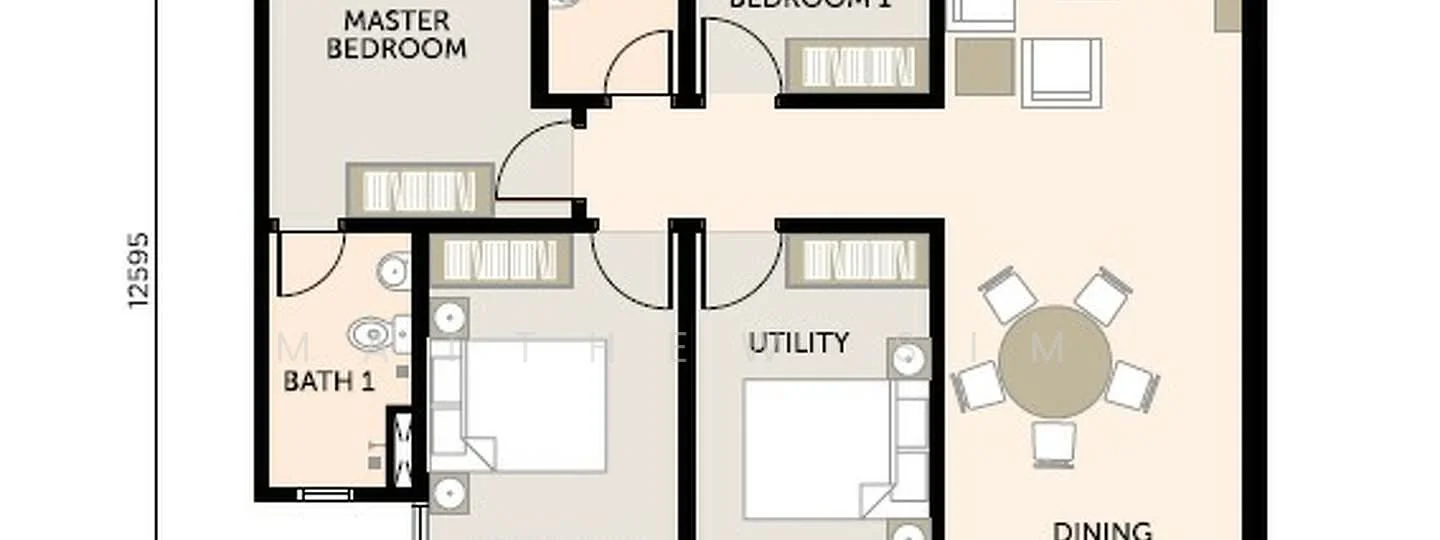 Floor plan: 3-bedroom 1-bathroom unit; features: open-plan kitchen-dining, master bedroom with ensuite bathroom, utility room, dining area, central foyer.