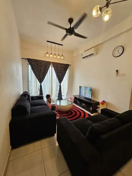 Living features: black fabric L-shape sectional sofa, round coffee table, wall-mounted TV, black TV console, area rug with circular pattern, 5-blade ceiling fan with light, recessed downlights, floor-to-ceiling windows, sheer curtains, blackout curtains, wall clock; style: modern.