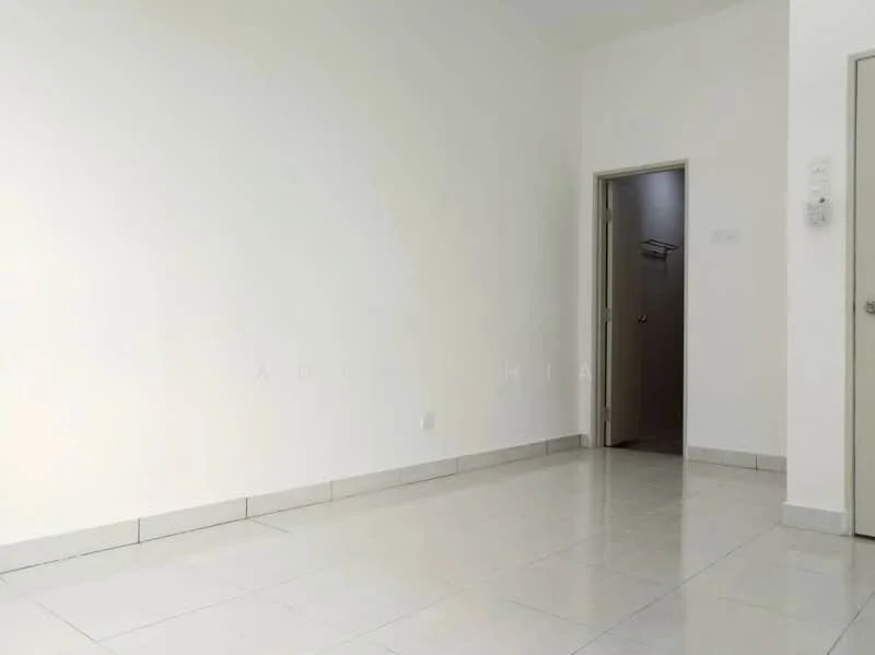 Room features: white painted walls, glossy ceramic tile flooring, single door, light switch, door frame, neutral color scheme; style: minimalist.