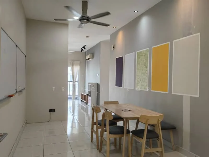 Dining features: dining table with four wooden chairs, white walls, grey accent wall, recessed downlights, 5-blade ceiling fan, large sliding glass door, floor-to-ceiling windows, glossy tile flooring, decorative wall art; style: modern.