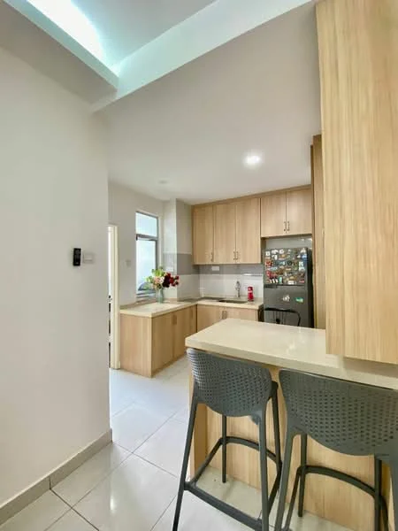 Kitchen features: light wood cabinetry, white countertop, stainless-steel fridge, built-in oven, ceramic tile flooring, recessed downlights, single-bowl stainless-steel sink, chrome pull-down faucet, open layout with breakfast bar, decorative wall art, window for natural light; style: modern.