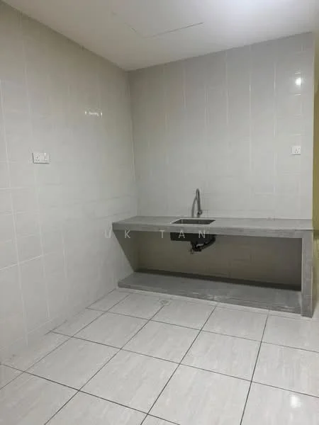 Laundry features: grey granite countertop, single-bowl stainless-steel sink, chrome faucet, white tiled walls, white ceramic tile flooring, wall-mounted electrical outlets, no visible cabinetry, no visible appliances.