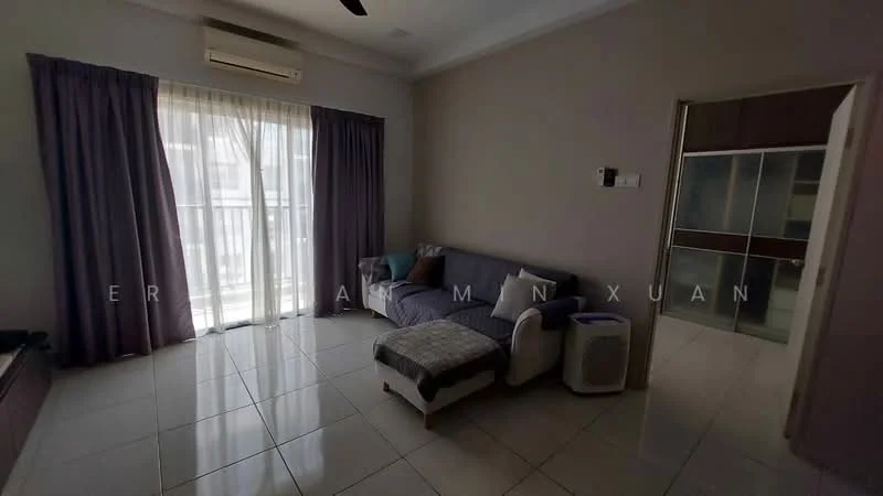 Living features: grey fabric sofa, white armchair, coffee table, flat-screen TV on console, white tiled flooring, light grey painted walls, curtains in dark purple, air conditioning unit, ceiling fan, sliding glass door, natural light from window; style: modern.