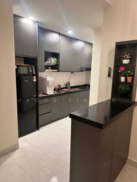 Kitchen features: black granite countertop, grey flat-panel cabinets, stainless-steel fridge, built-in oven, ceramic cooktop, white ceramic tile backsplash, undermount sink, chrome pull-down faucet, open shelving with plates, decorative plants on shelves, tile flooring, recessed lighting; style: modern.