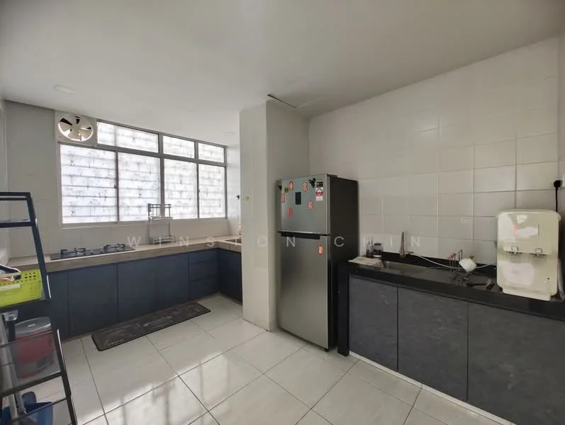 Kitchen features: white tiled walls, grey cabinetry, black countertop, stainless-steel fridge, built-in sink, single-bowl stainless-steel sink, chrome faucet, ceramic tile flooring, window with frosted glass, kitchen island, open shelving, wall-mounted storage rack; style: modern.