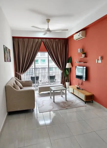 Living features: beige fabric sofa, coffee table, TV console, wall-mounted TV, area rug, 5-blade ceiling fan, recessed downlights, floor-to-ceiling windows, curtains, air conditioning unit, decorative plant, wall art, light-colored tiled flooring, accent wall in red; style: modern; view: city.