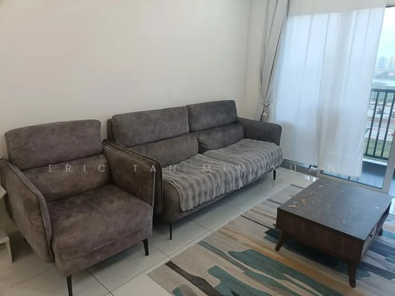 Living features: 3-seater fabric sofa in grey, 2-seater armchair in grey, coffee table with wooden surface, light-colored tiled flooring, floor-to-ceiling windows, sheer curtains, decorative area rug with pattern, neutral painted walls; style: modern; view: city.