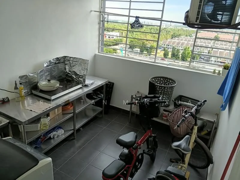 Room features: stainless-steel countertop, metal shelving unit, cooking stove with exhaust hood, black tiled flooring, window with metal grilles, bicycle, plastic laundry basket, bottle of cooking oil, blue curtain, air conditioning unit; style: modern; view: city.