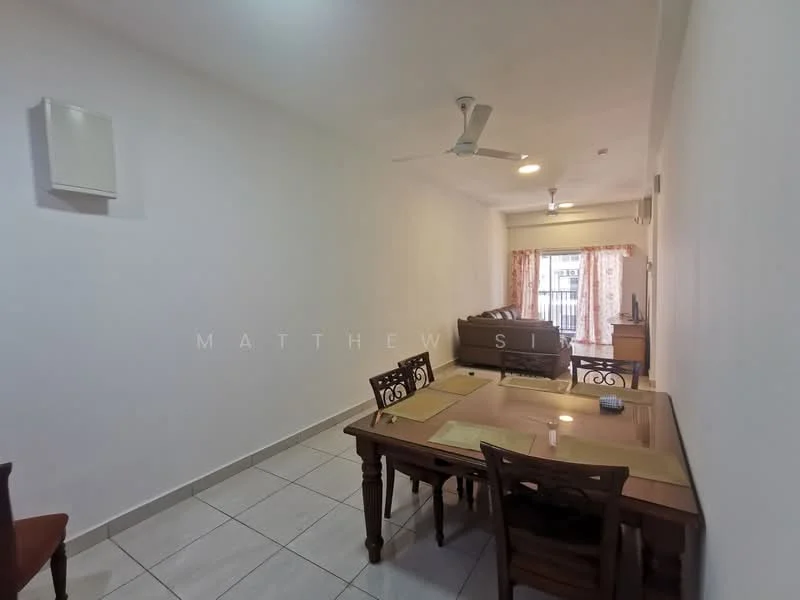 Dining features: dining table with four chairs, white painted walls, ceramic tile flooring, ceiling fan, window with sheer curtains, light fixture, wall-mounted air conditioning unit, decorative wall art; style: modern. Living features: sofa, TV console, light fixture, window with sheer curtains; style: modern.