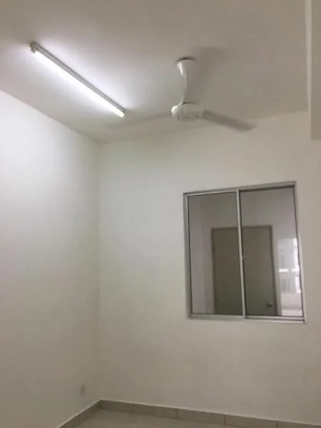 Room features: white painted walls, ceiling fan, LED strip lighting, floor tiles, window with glass panes, neutral color flooring; style: modern.