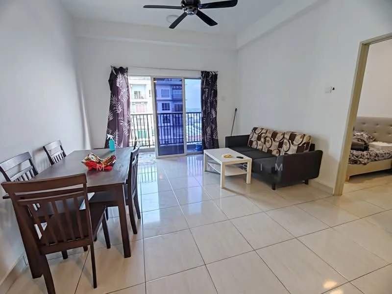 Living features: white painted walls, glossy tile flooring, 5-blade ceiling fan, sofa with patterned upholstery, coffee table, dining table with 4 chairs, sliding glass door, curtains, balcony view; style: modern; view: city.