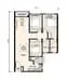 Floor plan: 1-bedroom 1-bathroom unit; features: open-plan kitchen-dining-living, master bedroom with ensuite bathroom, utility room, balcony off living room, central foyer.