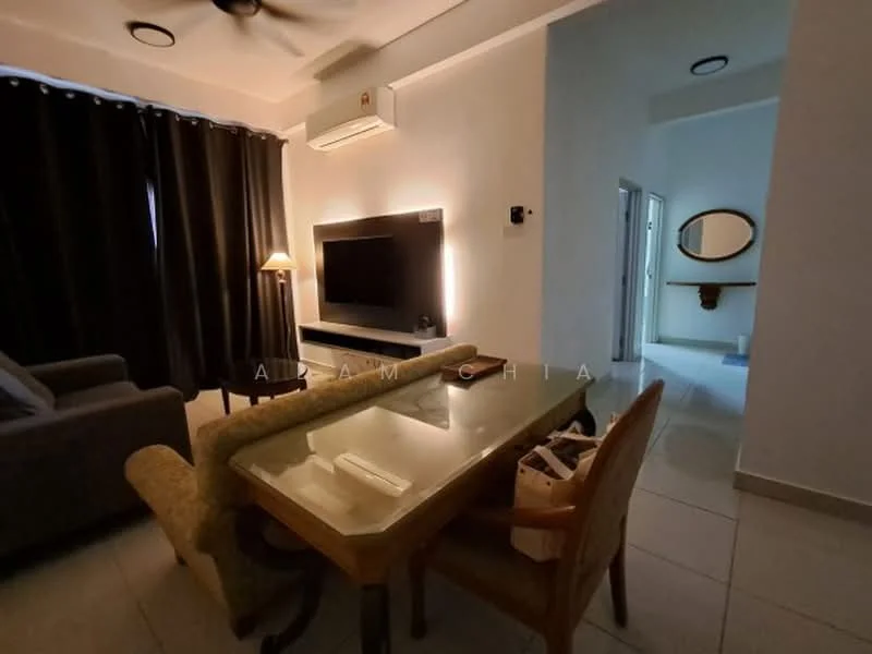 Living features: 3-seater fabric sofa in grey, glass dining table, 2 upholstered dining chairs, wall-mounted TV, LED wall sconce, ceiling fan, blackout curtains, tile flooring, air conditioning unit, decorative mirror, lampshade lamp; style: modern. Room features: white walls, doorway leading to hallway.