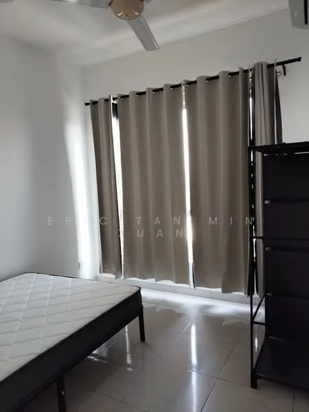 Bedroom features: white painted walls, tile flooring, ceiling fan, floor-to-ceiling windows, grey curtains, black metal bed frame, mattress without bedding, black shelving unit.
