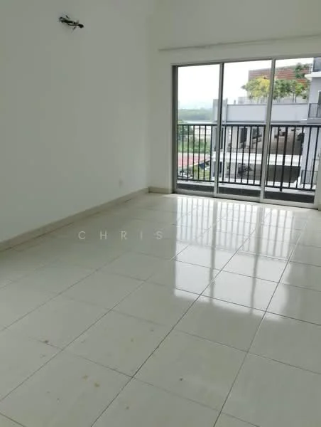 Room features: white painted walls, glossy ceramic tile flooring, floor-to-ceiling sliding glass door, balcony with railing, natural light from large window, neutral color palette, no visible furniture, minimalist decor; style: modern; view: city.