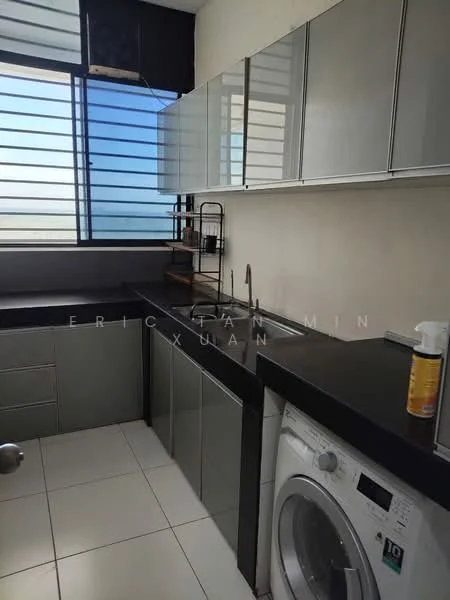 Kitchen features: black countertop, grey cabinetry, stainless-steel sink, chrome pull-down faucet, built-in washing machine, wall-mounted shelves, window with horizontal slats, white tiled flooring; style: modern; view: city.