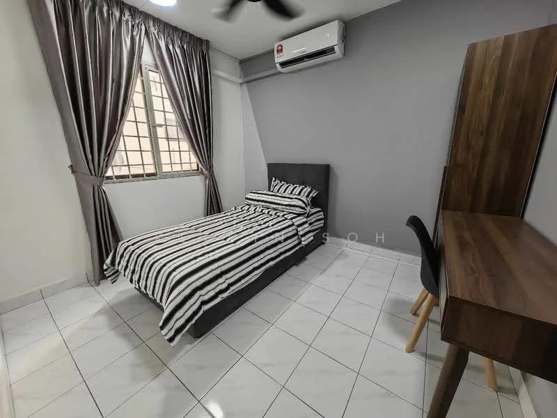 Bedroom features: single bed with grey upholstered headboard, striped bedding in black and white, white walls with grey accent wall, floor-to-ceiling window with grid pattern, grey curtains, white tiled flooring, 1 wall-mounted split AC, study desk made of wood, black chair, ceiling fan; style: modern.