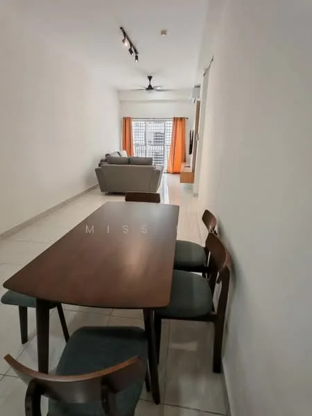 Dining features: wooden dining table, 4 wooden dining chairs, white painted walls, tile flooring, ceiling fan, recessed lighting, curtains in orange, view of living area; style: modern. Living features: sofa, coffee table, TV console, floor-to-ceiling windows, natural light, view of dining area; style: modern.