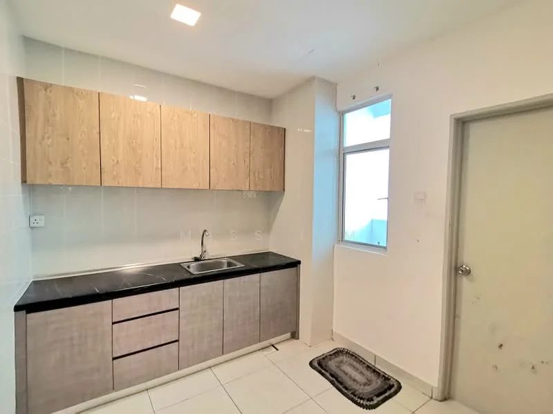 Kitchen features: laminate cabinetry in light wood finish, grey laminate lower cabinets, black granite countertop, single-bowl stainless-steel sink, chrome pull-down faucet, white tiled backsplash, white tiled flooring, window with natural light, door leading to another room; style: modern.