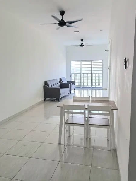 Living features: 2-seater fabric sofa in grey, 3-seater fabric sofa in grey, white walls, tile flooring, 2 ceiling fans, large windows with horizontal slats, dining table with 2 chairs, neutral decor; style: modern.