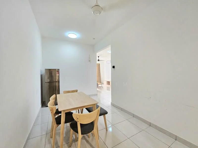 Dining features: white painted walls, tile flooring, ceiling light, 5-blade ceiling fan, 4-seater dining table, wooden dining chairs, stainless-steel fridge; style: modern.