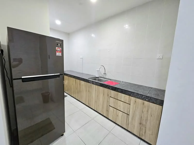 Kitchen features: black granite countertop, wood cabinetry with light finish, stainless-steel sink, chrome faucet, built-in refrigerator in black, white tiled walls, ceramic tile flooring, under-cabinet lighting; style: modern.