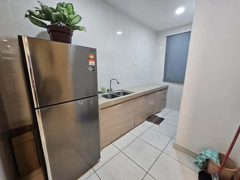 Kitchen features: stainless-steel fridge, single-bowl stainless-steel sink, chrome pull-down faucet, laminate countertop, light wood cabinetry, white tiled walls, ceramic tile flooring, window with grey roller blinds; style: modern.