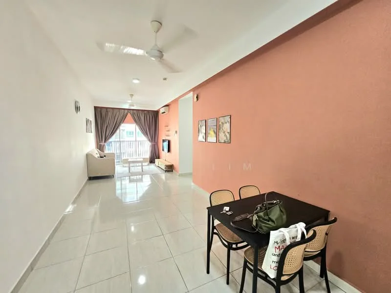 Living features: white painted walls, orange accent wall, glossy tile flooring, 5-blade ceiling fan, sofa, dining table with 4 chairs, curtains, wall-mounted TV, decorative artwork; style: modern.