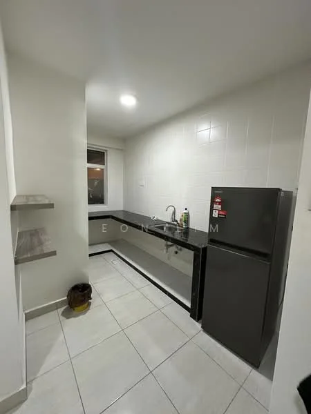 Kitchen features: white tiled walls, black granite countertop, stainless-steel sink, chrome pull-down faucet, grey fridge, ceramic tile flooring, open shelving, window with natural light; style: modern.