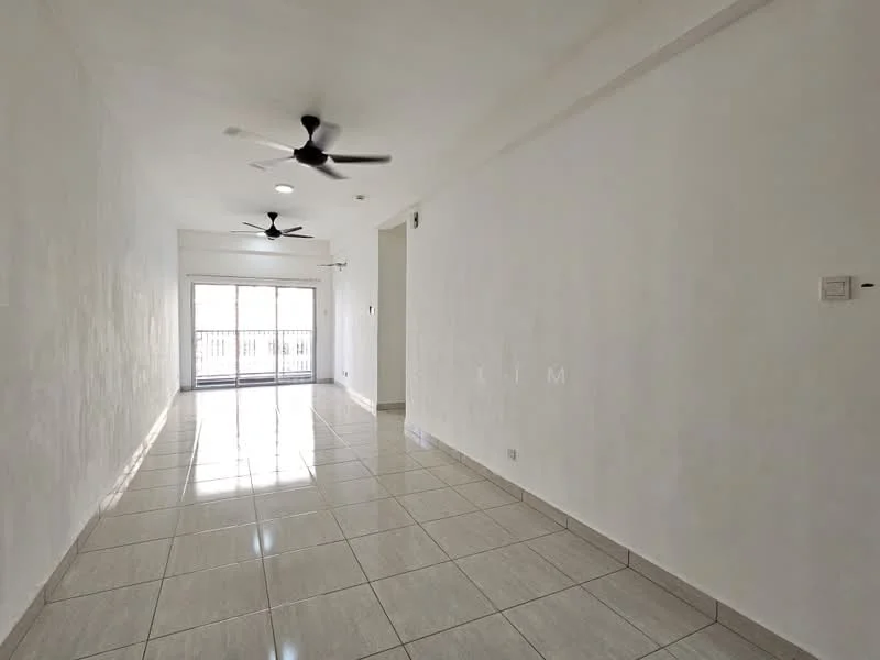Living features: white painted walls, glossy ceramic tile flooring, 2 ceiling fans, sliding glass door, floor-to-ceiling windows, natural light from windows, balcony access, neutral color scheme; style: modern.